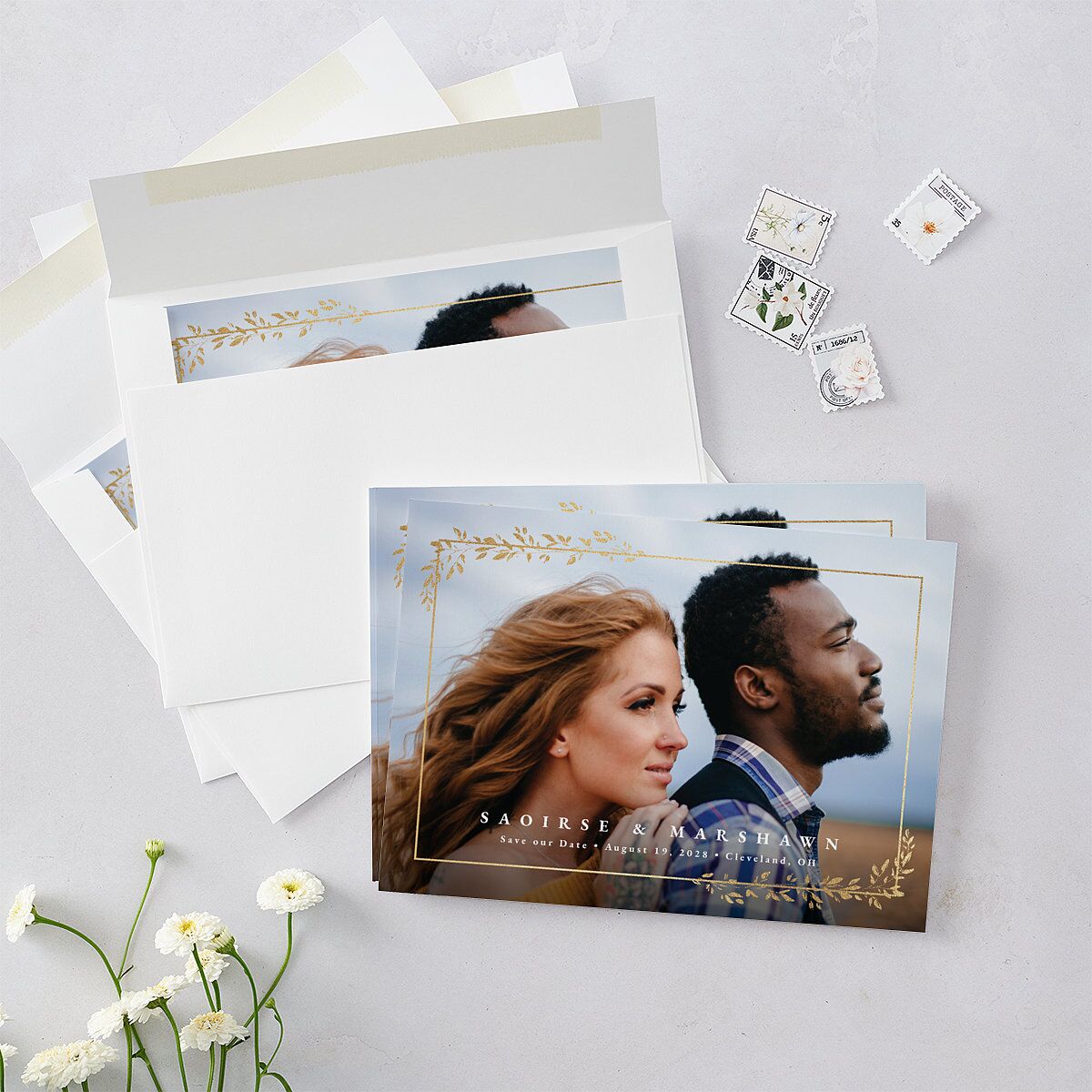 Delicate Frame Save the Date Cards Gold Pure White Signature smooth Blank No