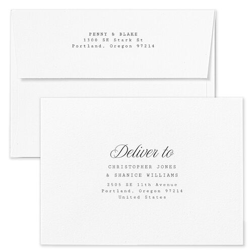 Vintage Script Wedding Invitation Envelopes White Midnight Both Recipient and Return Addresses Standard Signature