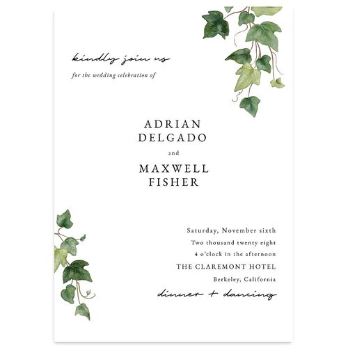 Elegant Ivy Wedding Invitations Pure White Signature Blank No Standard