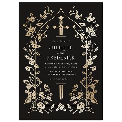 Sword and Roses Fantasy Garden Foil Wedding Invitations Charcoal Gold Signature Blank Standard No