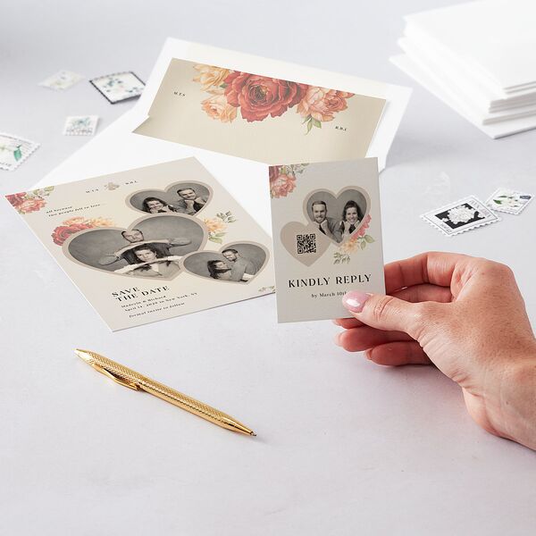 Vintage Awkward Photo Hearts QR Code RSVP Cards Barely Peach Signature Standard