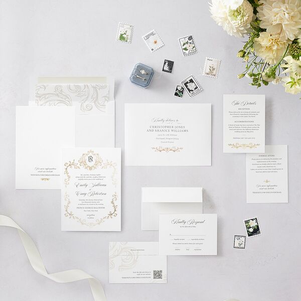 Vintage Regency Monogram Frame Foil Wedding Invitations Pure White Gold Signature Blank Standard No