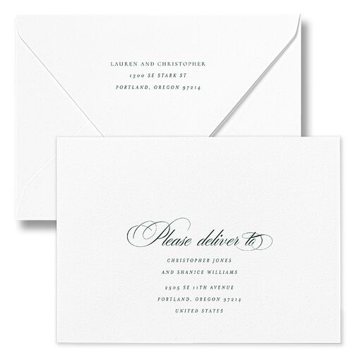 Lasting Frame Wedding Invitation Euro Envelopes White Dark Green Both Recipient and Return Addresses Luxe Signature