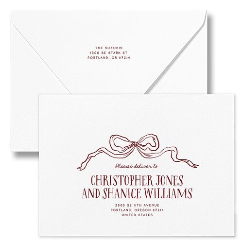 Best Present Ever Bow Gallery Holiday Card Euro Envelopes White Merlot Both Recipient and Return Addresses Luxe Signature