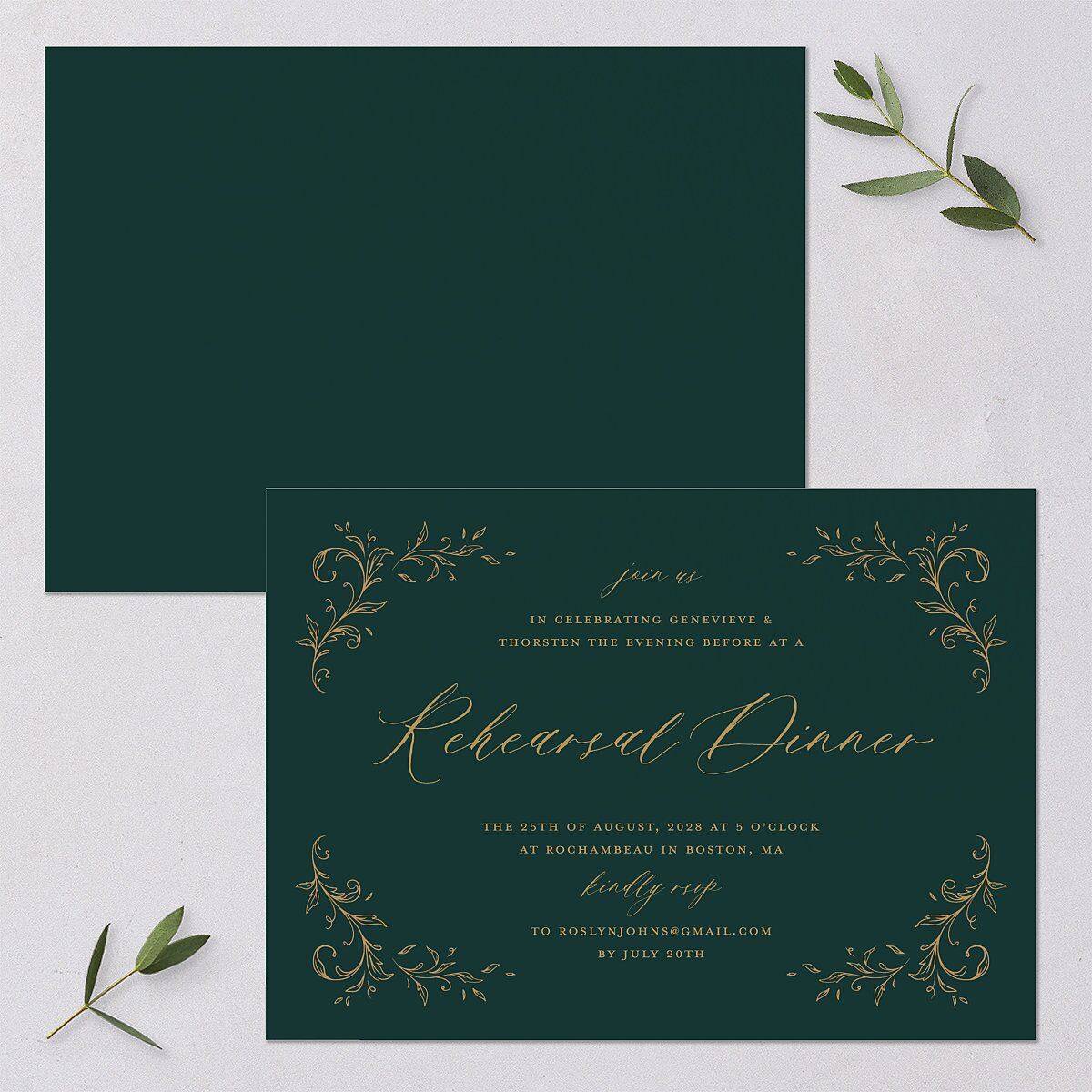 Dark Vintage Fantasy Rehearsal Dinner Invitations Dark Emerald Signature Blank Standard