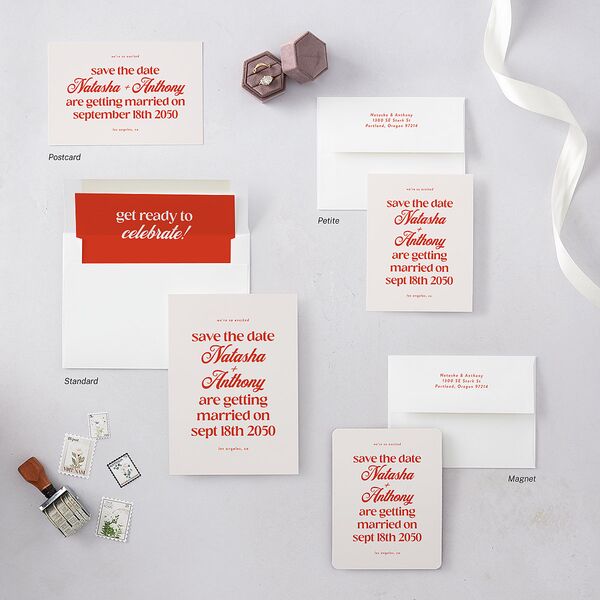Modern Retro Type Save the Date Postcards Scarlet