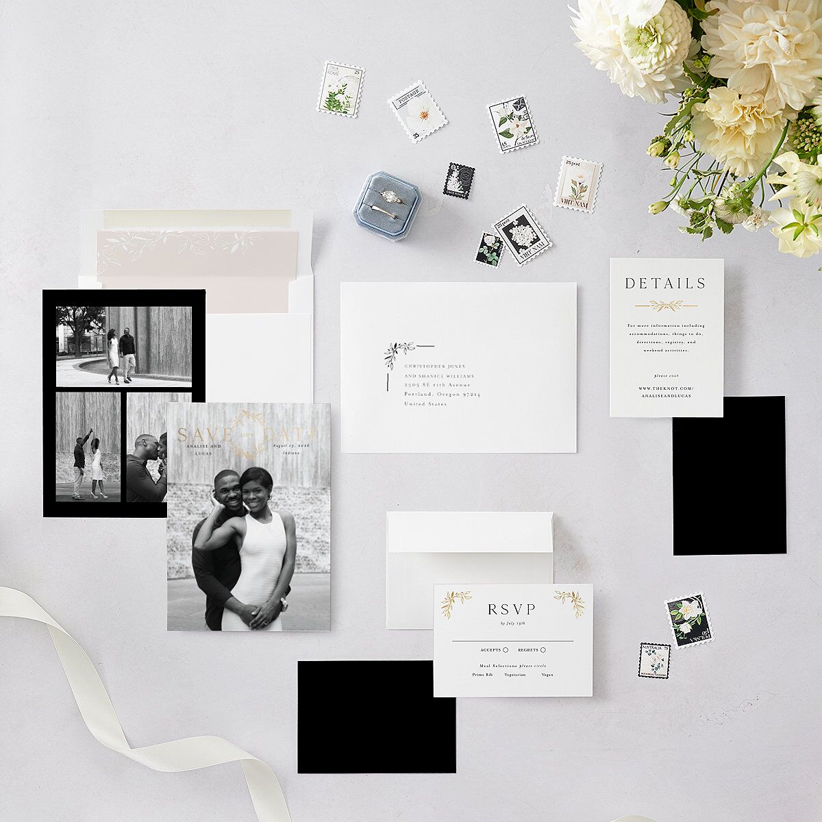 Monogram Leaves Save The Date Cards Gold Charcoal Signature smooth Blank No Standard