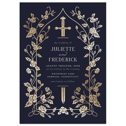Sword and Roses Fantasy Garden Foil Wedding Invitations Dark Navy Gold Signature Blank Standard No