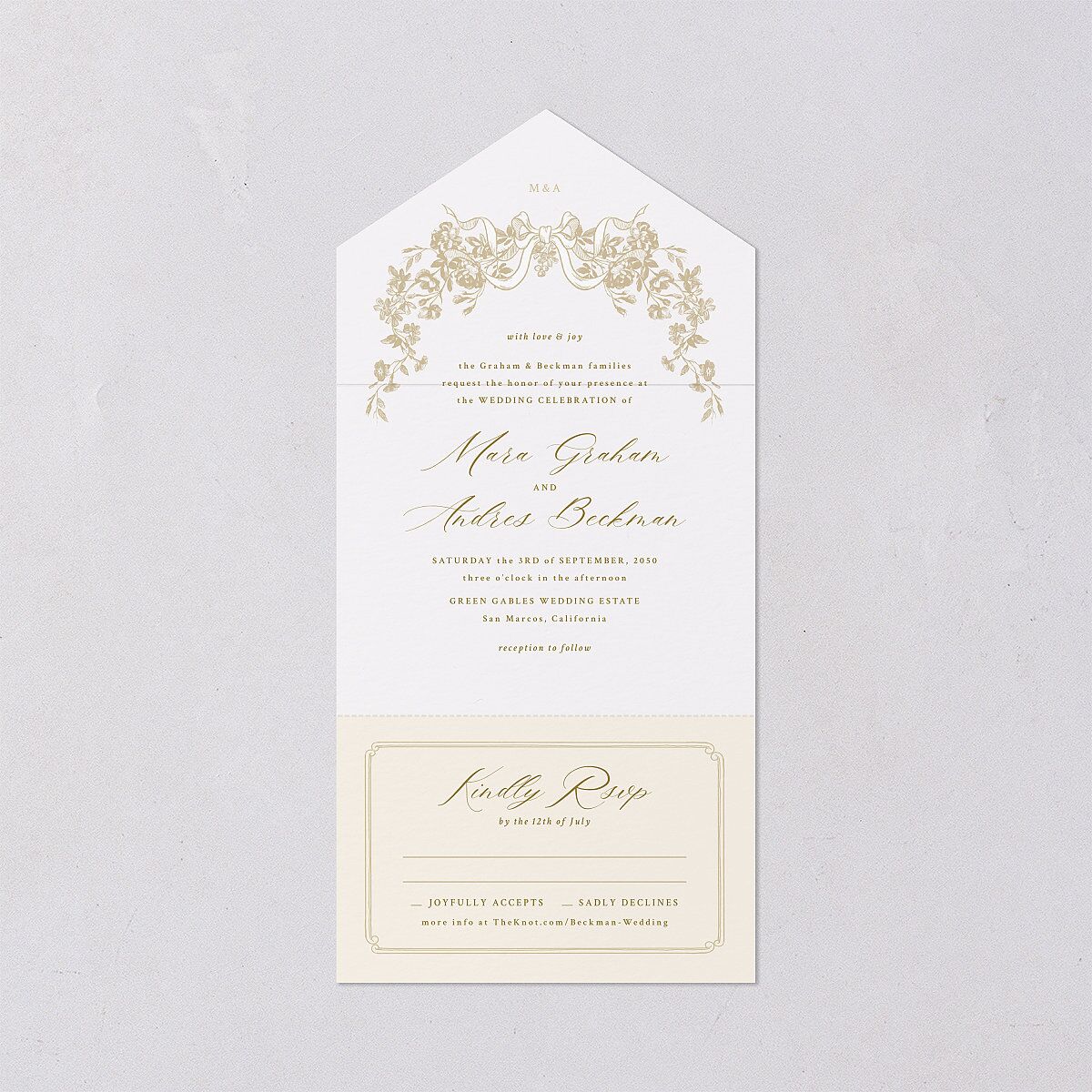 Antique Botanical Garland All-in-One Wedding Invitations Champagne Signature Light Both Recipient and Return Addresses No