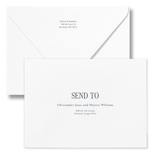 Classically Editorial Save The Date Card Euro Envelopes Ink Blue White Both Recipient and Return Addresses Luxe