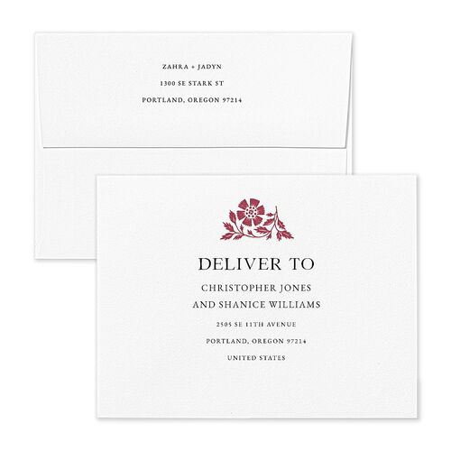 Block Print Save the Date Petite Card Envelopes White Bordeaux Both Recipient and Return Addresses Signature Standard