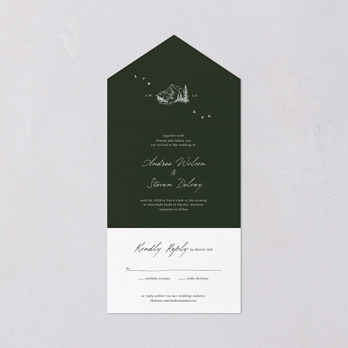 Elegant Mountain Monogram All-in-One Wedding Invitations Dark Green Signature Light Both Recipient and Return Addresses No