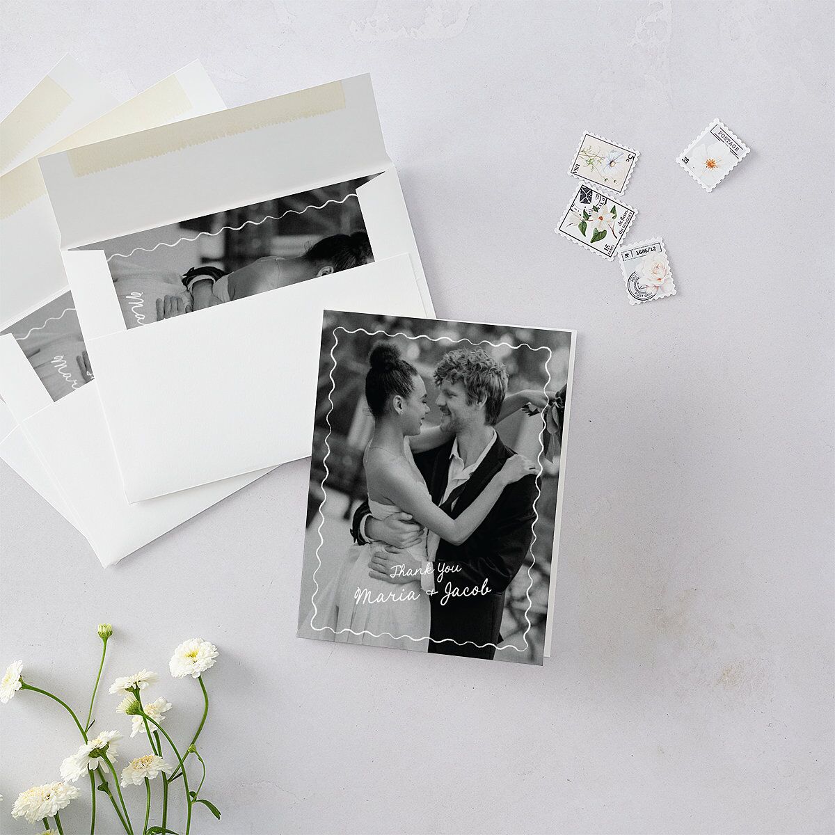Lovebird Wavy Frame Photo Thank You Cards Pure White