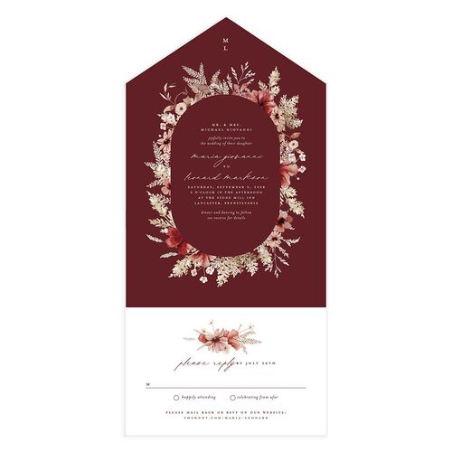 Bohemian Garden All-in-One Wedding Invitations Maroon Signature Light Both Recipient and Return Addresses No