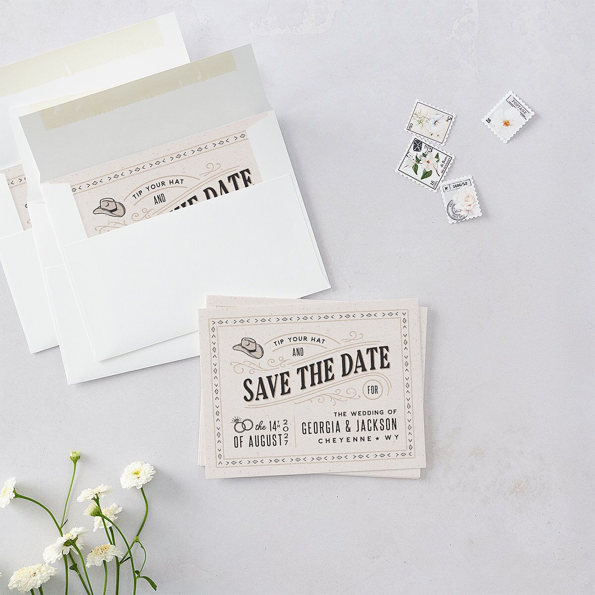Western I Do BBQ Save the Date Petite Cards Taupe Signature smooth Blank