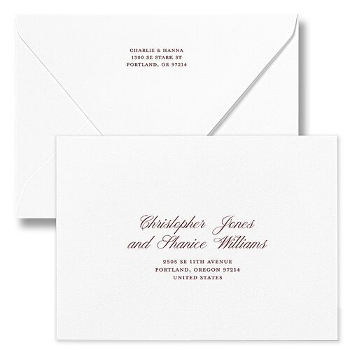 Our Greatest Gift Minimalist Bow Baby Announcement Holiday Card Euro Envelopes White Merlot Both Recipient and Return Addresses Luxe Signature