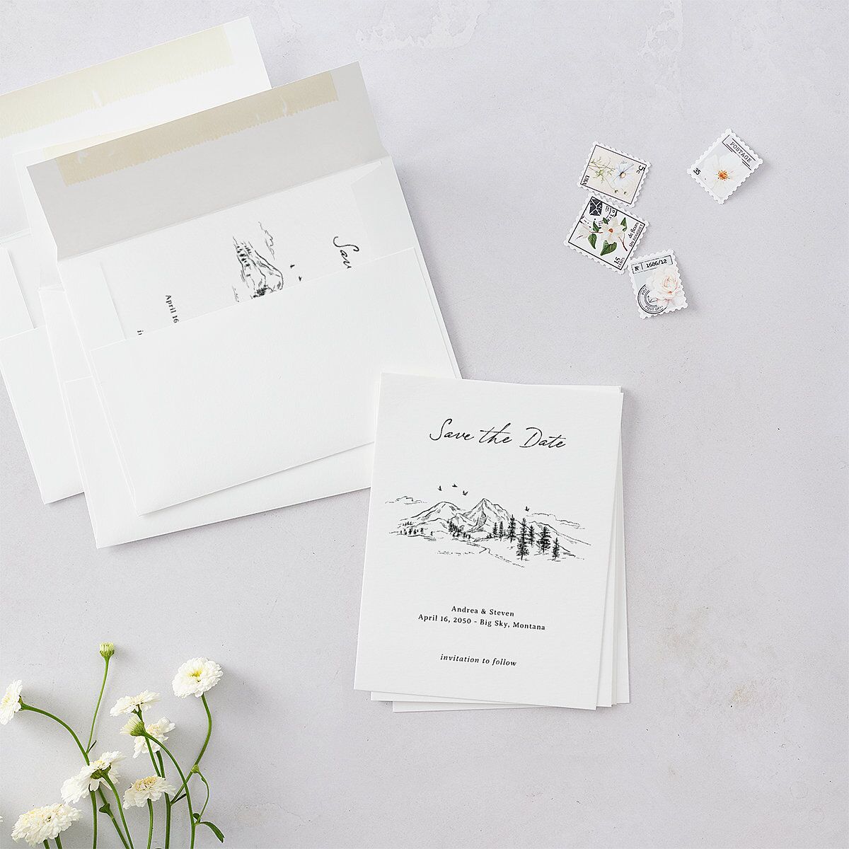 Elegant Mountain Monogram Save the Date Petite Cards Pure White Signature smooth Blank No Standard