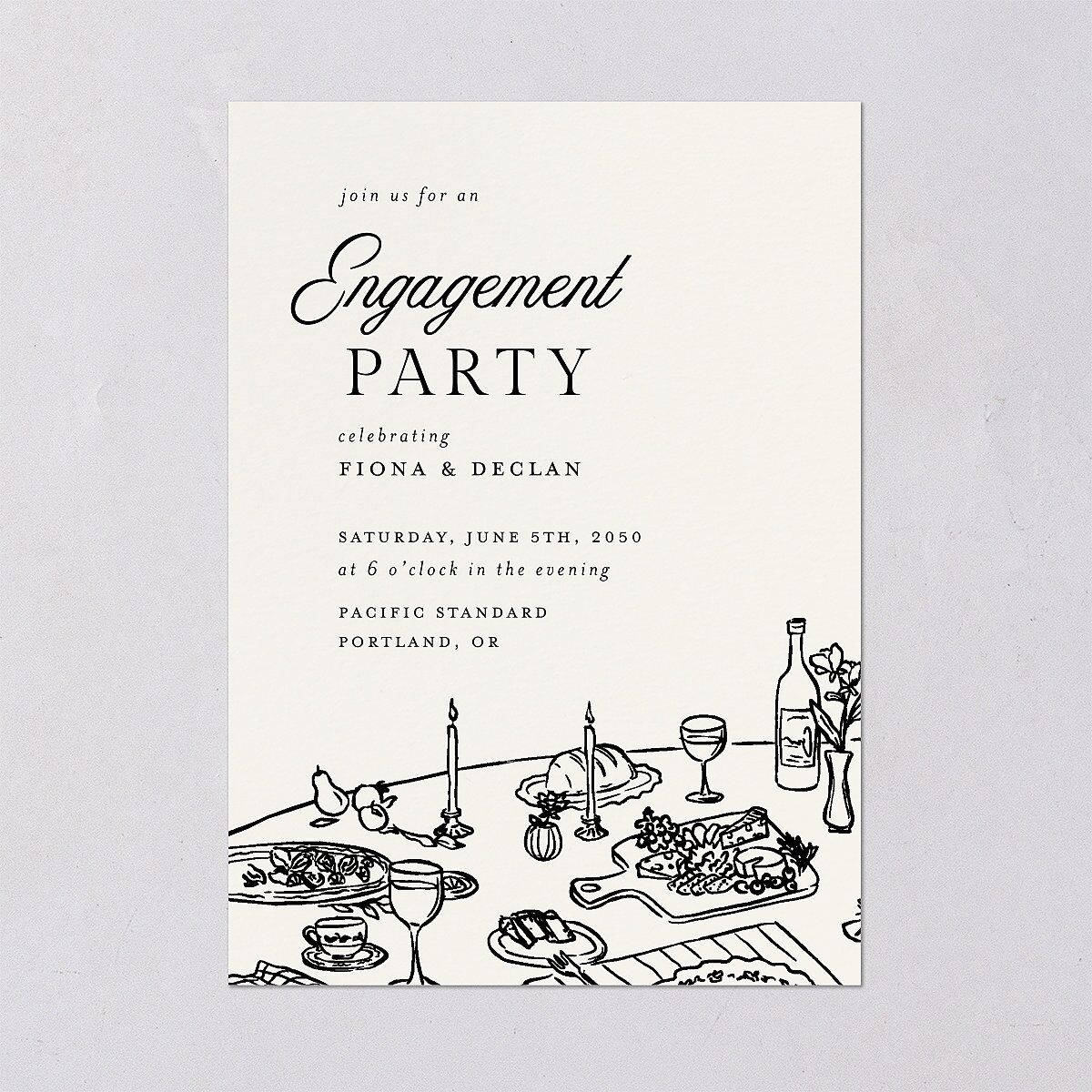 Hand Drawn Tablescape Engagement Party Invitations Ivory Signature Blank Standard