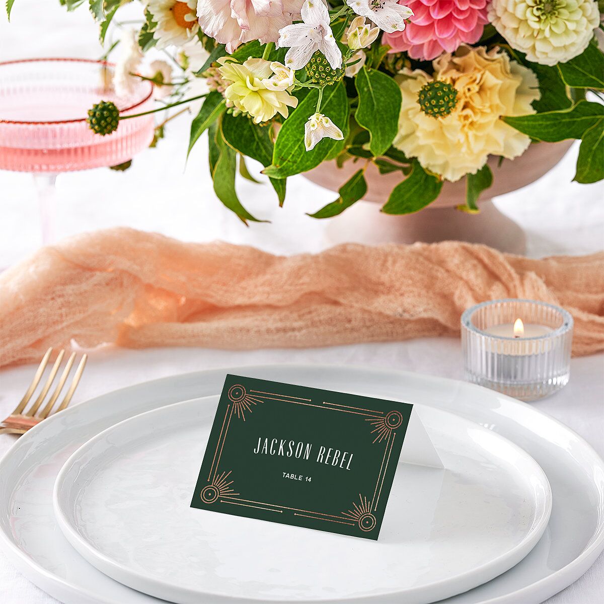 Ornate Elegance Place Cards Rose Gold Dark Emerald Signature