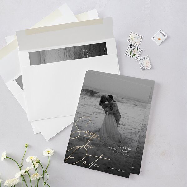 Gilded Corner Save The Date Cards Gold Pure White Signature smooth Blank No Standard