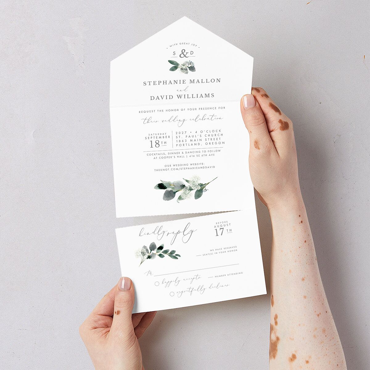 Elegant Greenery All-in-One Wedding Invitations Pure White Signature Light Both Recipient and Return Addresses No