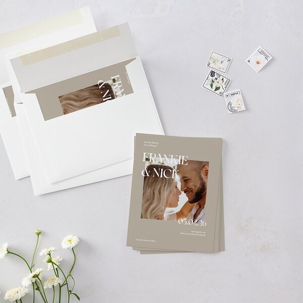 Checked Save the Date Petite Cards Taupe Signature smooth Blank No