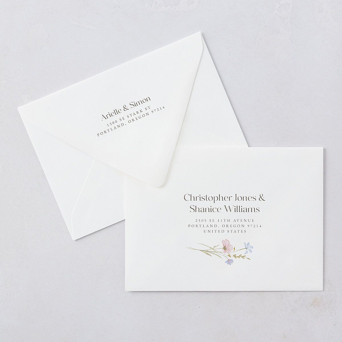 Wildflower Photo Save The Date Card Euro Envelopes White Lilac Both Recipient and Return Addresses Luxe Signature