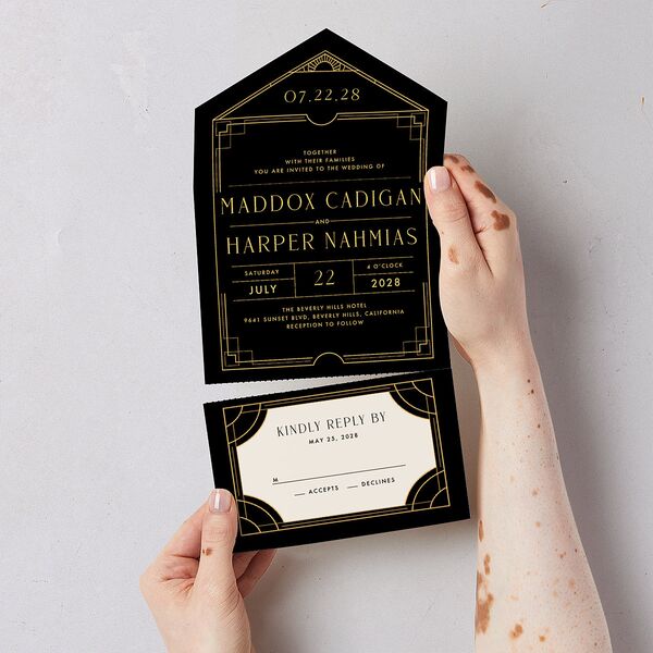 Vintage Hollywood All-in-One Wedding Invitations Licorice Signature Light Both Recipient and Return Addresses No