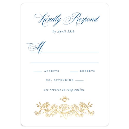 Rose Garden Crest Wedding Response Cards by Bridgerton Gold Ink Blue Signature Rounded