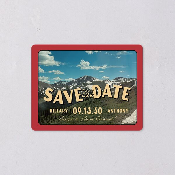 Retro Destination Postcard Inspired Save The Date Magnets Red Clay Magnet Paper