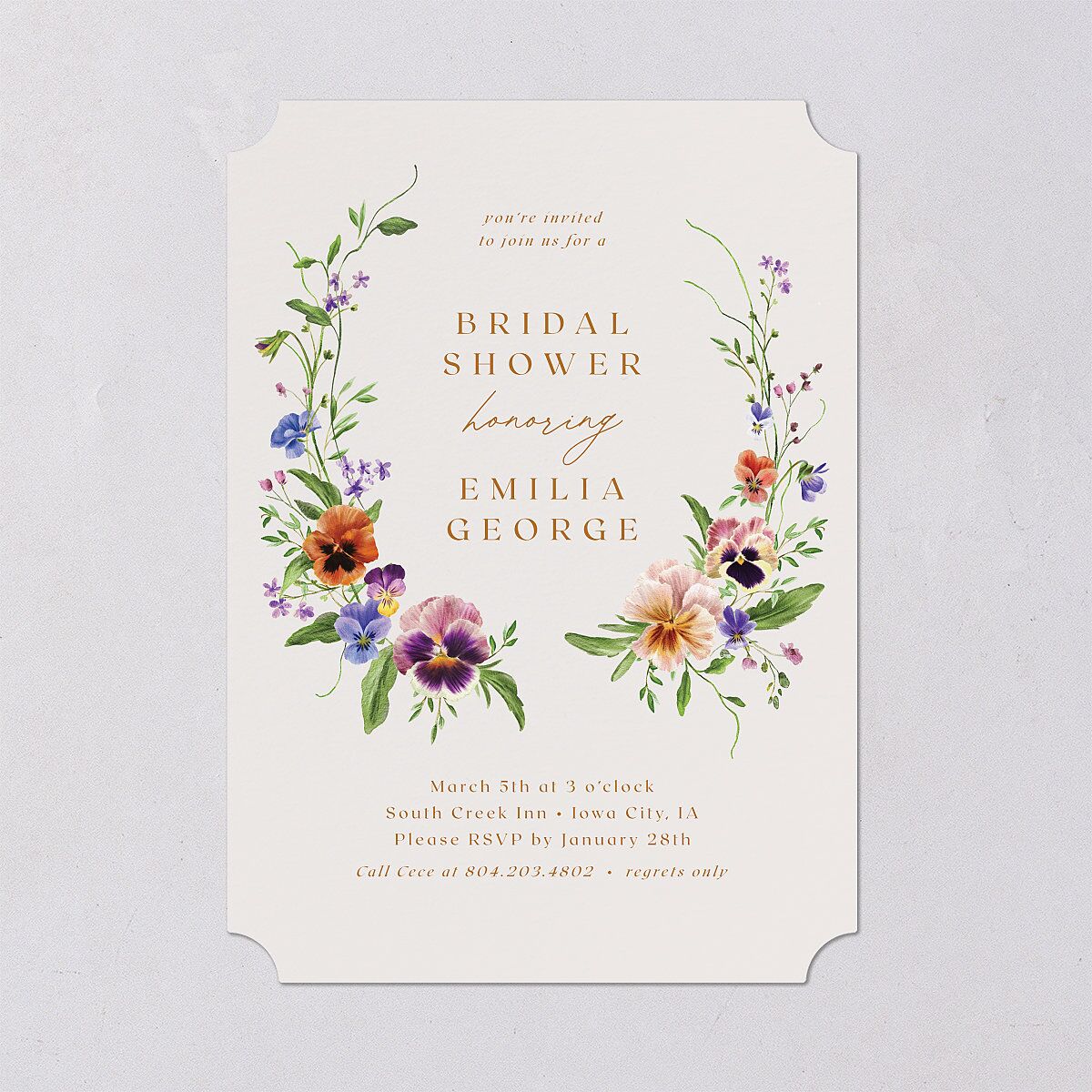Wild Pansies Bridal Shower Invitations Rose Gold Signature Blank
