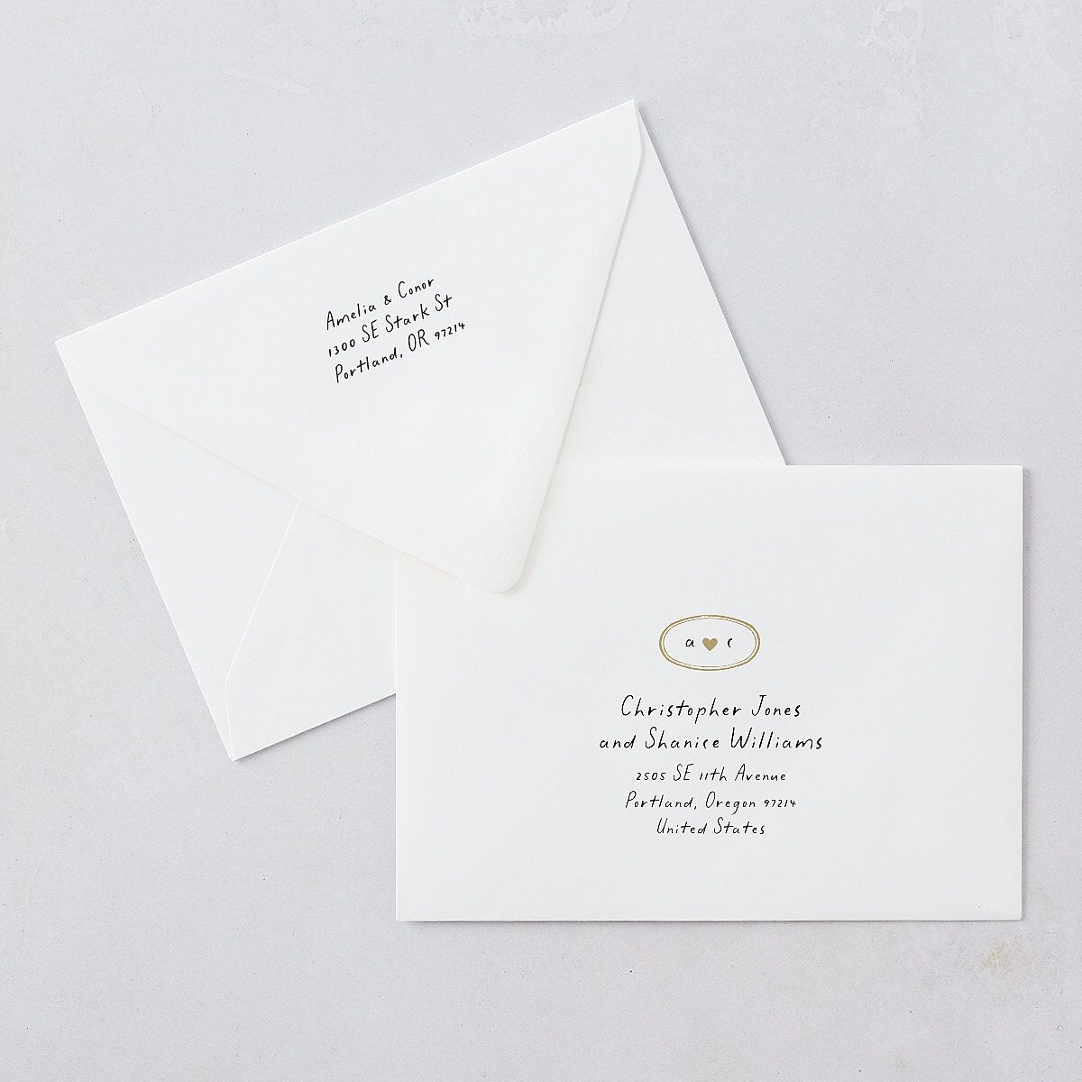 Handwritten Photo Faux Postcard Save The Date Card Euro Envelopes White Sand Both Recipient and Return Addresses Luxe Signature