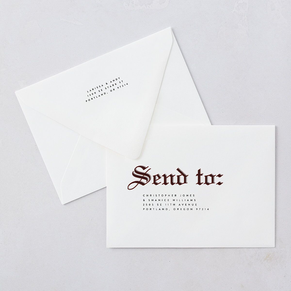 Editorial Gothic Till Death Wedding Invitation Euro Envelopes White Charcoal Both Recipient and Return Addresses Luxe Signature