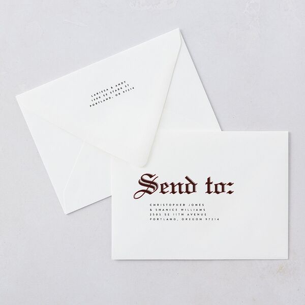 Editorial Gothic Till Death Wedding Invitation Euro Envelopes White Charcoal Both Recipient and Return Addresses Luxe Signature