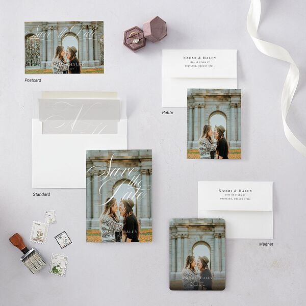 Elegant Monogram Save the Date Petite Cards Pure White Signature smooth Blank No Standard