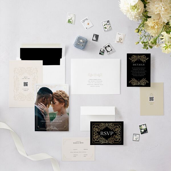 Floral Opulence Foil Save the Date Cards Gold Champagne Signature smooth Blank No Standard
