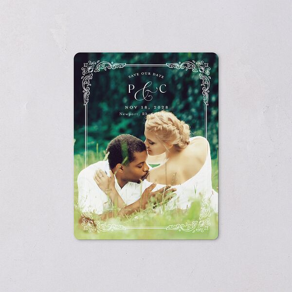 Glamorous Crown Monogram Crest Save The Date Magnets by Bridgerton Pure White Magnet Paper