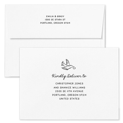 Vintage Lovebird Banner Save The Date Card Envelopes White Linen Both Recipient and Return Addresses Signature Standard