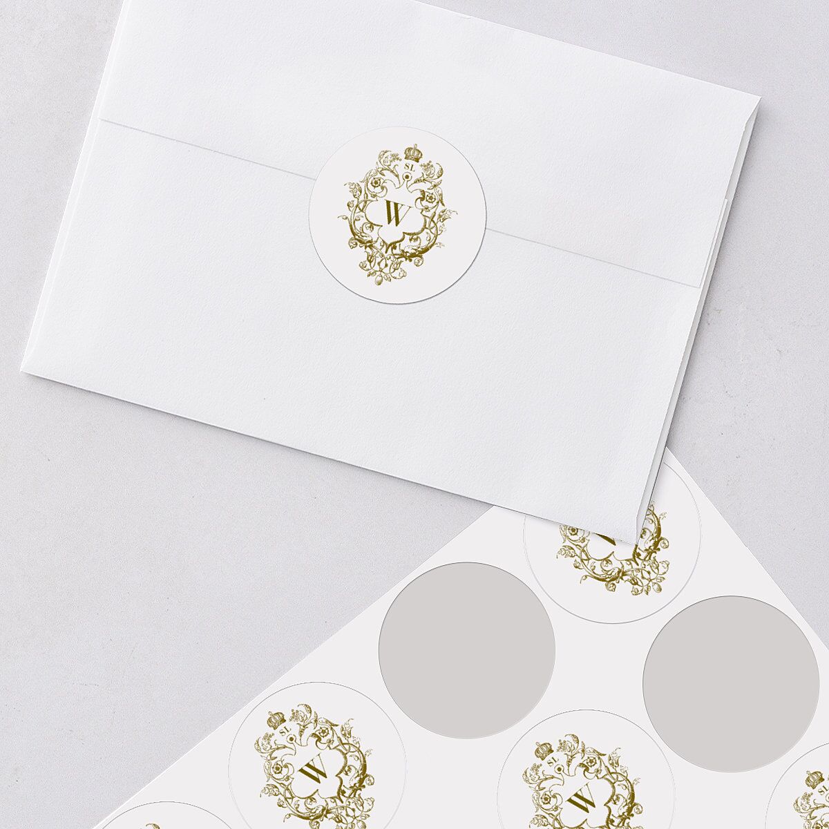 Ornate Vintage Crest Wedding Stickers Umber Circle