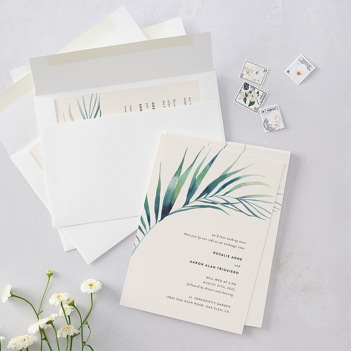 Palm and Protea Wedding Invitations Sky Signature Blank No Standard
