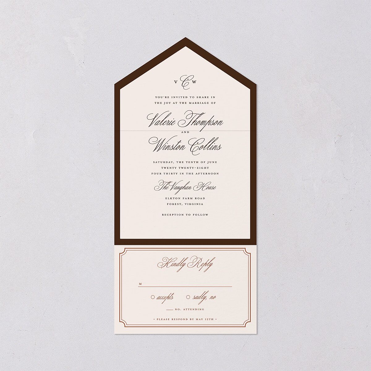 Elegant Eclectic All-in-One Wedding Invitations Walnut Signature Light Both Recipient and Return Addresses No