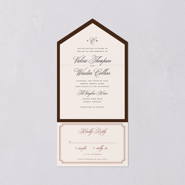 Elegant Eclectic All-in-One Wedding Invitations Walnut Signature Light Both Recipient and Return Addresses No