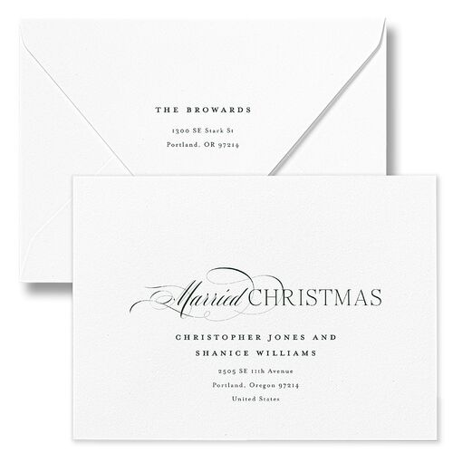 Meet the Newlyweds Holiday Card Euro Envelopes White Hunter Green Return Address Luxe Signature