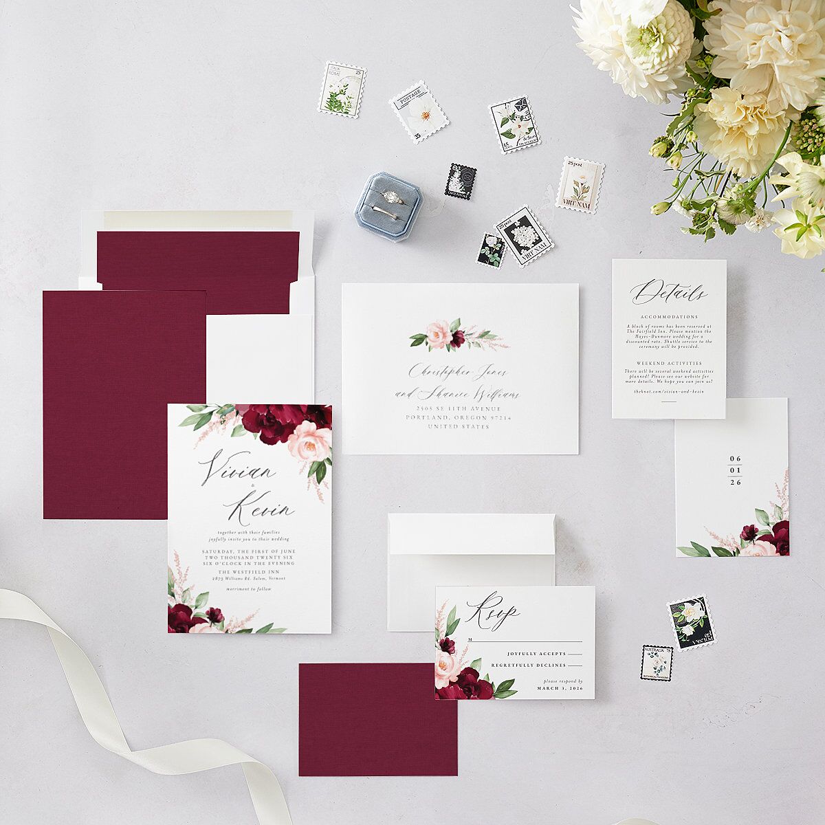 Beloved Floral Wedding Invitations Dark Berry Signature Blank No Standard