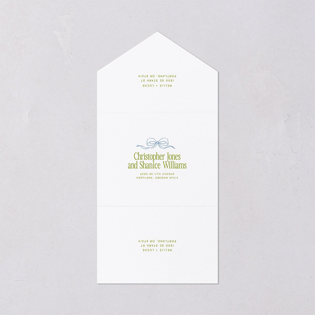 Modern Delicate Bows All-in-One Wedding Invitations Peridot Signature Light Both Recipient and Return Addresses No