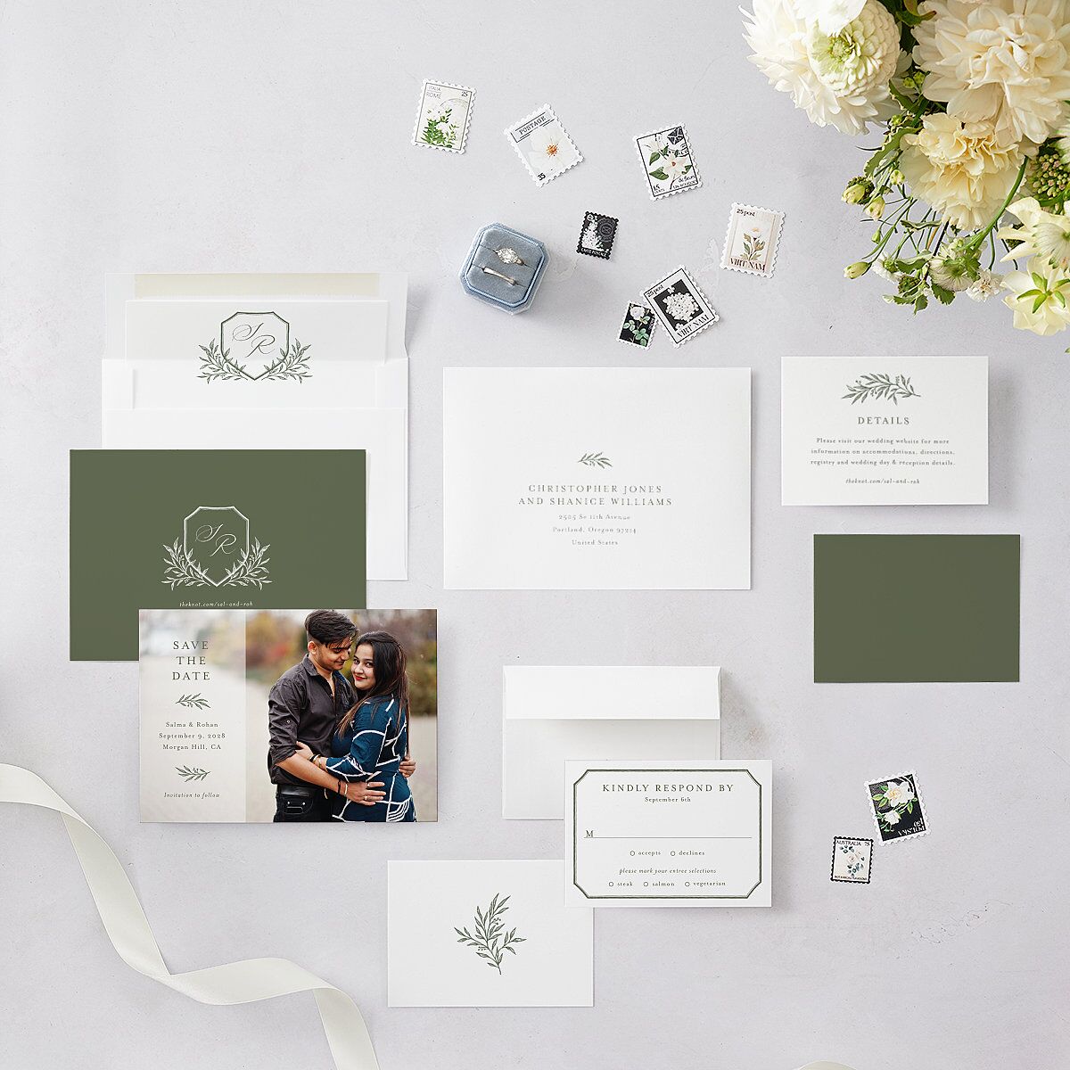 Classic Crest Save The Date Cards Deep Olive Signature smooth Blank No Standard