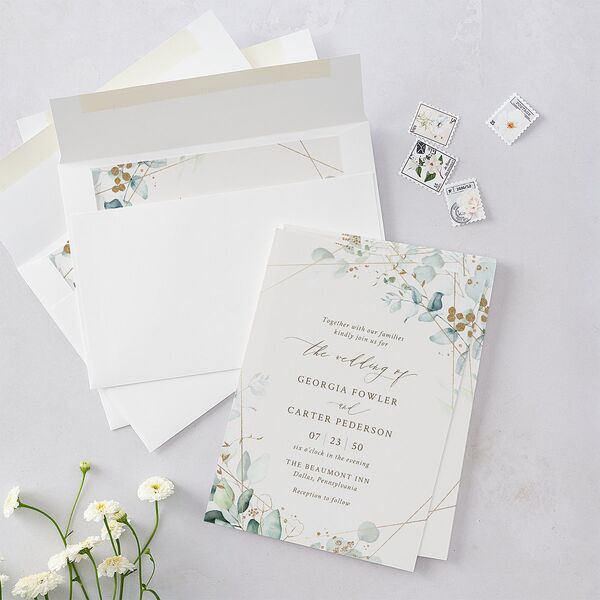 Ethereal Greenery and Gold Wedding Invitations Pure White Signature Blank No Standard