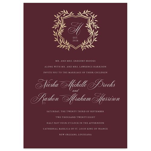 Formal Crest Wedding Invitations Gold Burgundy Signature Blank No Standard