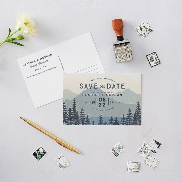 Vintage Mountain Save The Date Postcards Dusty Blue