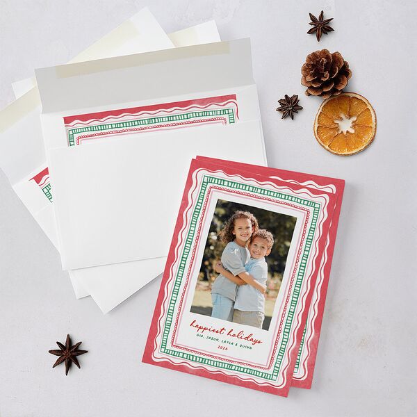 Whimsical Painted Holiday Border Holiday Cards Scarlet Signature Blank Portrait Standard